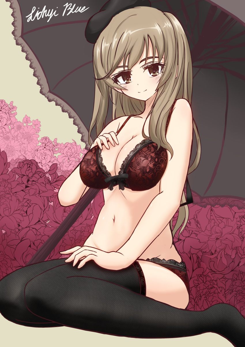 1girl absurdres artist_name bangs black_gloves black_legwear black_umbrella bow bow_bra bra breasts brown_eyes brown_hair cleavage closed_mouth commentary flower girls_und_panzer gloves hand_on_own_chest hand_on_own_thigh highres lace lace-trimmed_bra lace-trimmed_panties lace_bra lace_panties lichyiblue light_blush long_hair looking_at_viewer mature medium_breasts navel panties purple_flower red_bra red_panties shimada_chiyo signature sitting smile solo thighhighs umbrella underwear underwear_only wariza