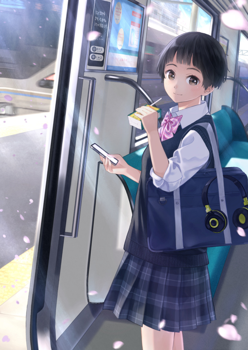 1girl absurdres bag bangs black_hair blunt_bangs blurry blurry_background bow brown_eyes day headphones highres juice_box original pleated_skirt school_uniform shirt short_hair skirt smile solo standing sweater_vest taka_(tsmix) train_interior white_shirt