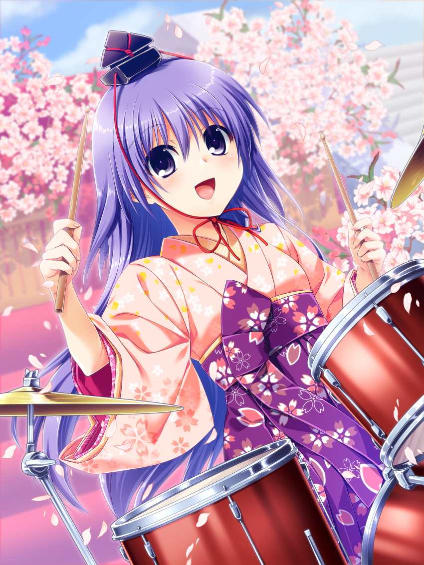 1girl angel_beats! card_(medium) cherry_blossoms commentary_request cymbals drum drum_set drumsticks floral_print hakama hat highres hinamatsuri instrument irie_(angel_beats!) japanese_clothes kimono long_hair pink_kimono print_hakama purple_eyes purple_hair purple_hakama satomi_yoshitaka solo tree