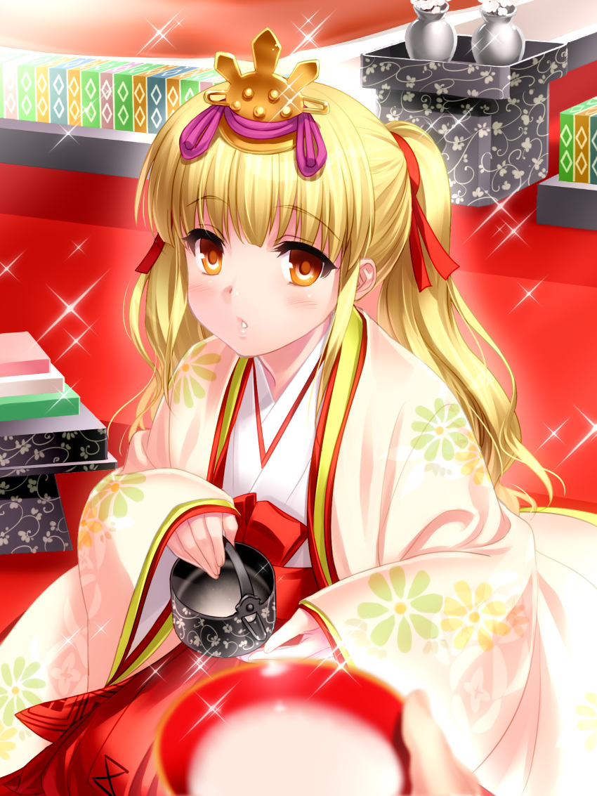 1girl 1other angel_beats! blonde_hair blurry brown_eyes commentary_request depth_of_field floral_print highres hinamatsuri hishimochi japanese_clothes karaginu_mo kimono layered_clothing layered_kimono long_hair looking_at_viewer parted_lips saucer sparkle teapot tokkuri twintails yusa_(angel_beats!) zen