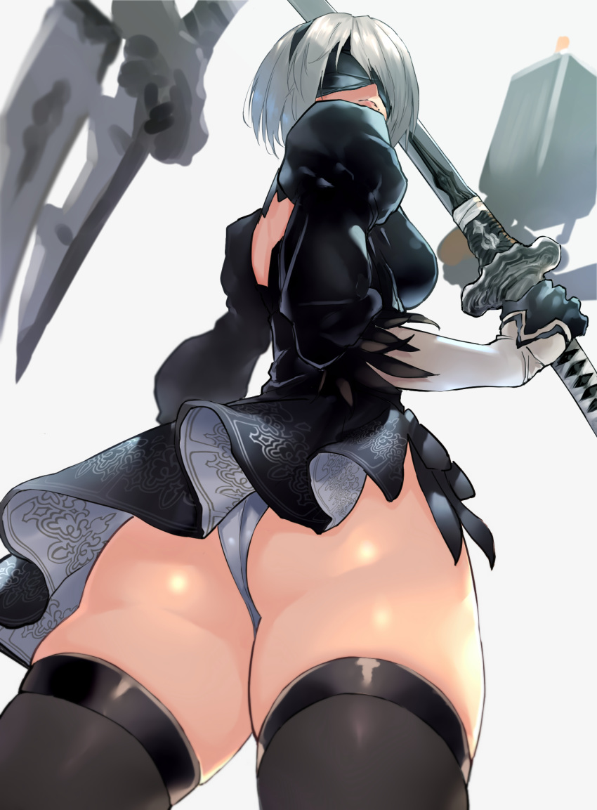 1girl ass back black_dress black_legwear breasts dress flint floating floating_object gloves hairband highres holding katana mole mole_under_mouth negresco nier_(series) nier_automata pod_(nier_automata) short_hair silver_hair solo sword thighhighs weapon yorha_no._2_type_b