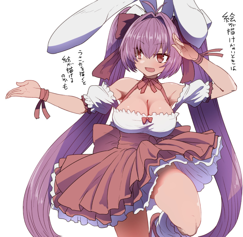 1girl animal_ears bangs blush bow breasts bunny_ears choker cleavage di_gi_charat dice dress eyebrows_visible_through_hair eyelashes frilled_dress frilled_legwear frills hair_ornament highres large_breasts leg_up long_hair open_mouth pink_footwear pink_hair pose red_eyes ribbon simple_background solo standing sumiyao_(amam) translation_request twintails usada_hikaru white_background white_legwear