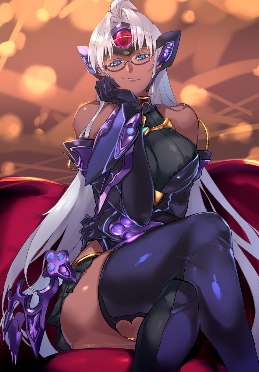 1girl absurdres android bangs bare_shoulders blue_eyes blurry blurry_background breasts closed_mouth couch crossed_legs dark_skin dress elbow_gloves glasses gloves hand_on_own_chin headgear highres large_breasts lips long_hair looking_at_viewer negresco shiny shiny_clothes shiny_hair shiny_skin short_dress silver_hair sitting sleeveless smile solo t-elos t-elos_re thighhighs turtleneck xenoblade_(series) xenoblade_2 xenosaga xenosaga_episode_iii