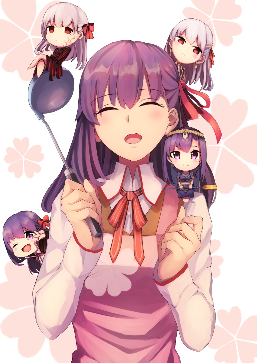 5girls absurdres apron bangs bb_(fate)_(all) bb_(fate/extra_ccc) black_coat black_dress blue_dress blush body_markings breasts brown_vest chibi circlet closed_eyes closed_mouth coat collared_shirt dark_persona dark_sakura dress earrings fate/extra fate/extra_ccc fate/grand_order fate/stay_night fate_(series) floral_background hair_ribbon heaven's_feel highres homurahara_academy_uniform indian_clothes jewelry kama_(fate/grand_order) ladle large_breasts long_hair looking_at_viewer matou_sakura multiple_girls multiple_persona neck_ribbon one_eye_closed open_mouth parted_lips parvati_(fate/grand_order) pink_apron ponytail popped_collar purple_dress purple_eyes purple_hair red_ribbon ribbon sh22 shirt silver_hair sitting smile staff vest white_background white_hair white_shirt