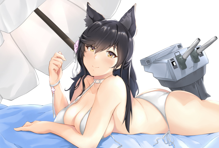 1girl 3 animal_ears ass atago_(azur_lane) atago_(midsummer_march)_(azur_lane) azur_lane azurcentauri bikini black_hair breasts cleavage covered_nipples extra_ears hair_between_eyes highres large_breasts long_hair looking_at_viewer lying mole mole_under_eye number on_stomach side-tie_bikini sideboob simple_background smile strap_gap swimsuit umbrella untied untied_bikini white_background white_bikini white_umbrella yellow_eyes