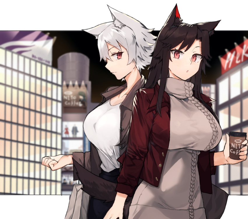 2girls alternate_costume animal_ear_fluff animal_ears bangs black_hair breasts brown_jacket casual commentary_request contemporary cup dress eyebrows_visible_through_hair from_side grey_dress hair_between_eyes holding holding_cup imaizumi_kagerou inubashiri_momiji jacket kasuka_(kusuki) large_breasts long_hair long_sleeves multiple_girls parted_lips profile red_eyes red_jacket shirt short_hair sidelocks silver_hair touhou turtleneck turtleneck_dress upper_body white_shirt wolf_ears