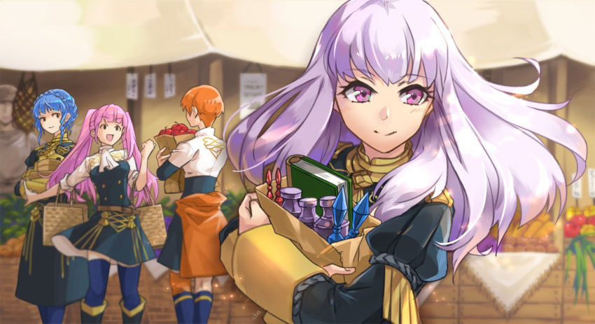 4girls apple bag belt belt_buckle blue_hair blue_socks blue_thighhighs blunt_bangs blush book boots braid breasts buckle closed_mouth commentary crown_braid fire_emblem fire_emblem:_three_houses food from_behind fruit garreg_mach_monastery_uniform hilda_valentine_goneril holding holding_bag knee_boots kneehighs large_breasts leonie_pinelli long_hair long_sleeves lysithea_von_ordelia marianne_von_edmund market multiple_girls open_mouth orange_hair paper_bag pink_eyes pink_hair shiroi_(shiroicbe) shopping short_hair short_sleeves sleeves_rolled_up smile socks standing symbol-only_commentary thighhighs twintails uniform white_hair zettai_ryouiki