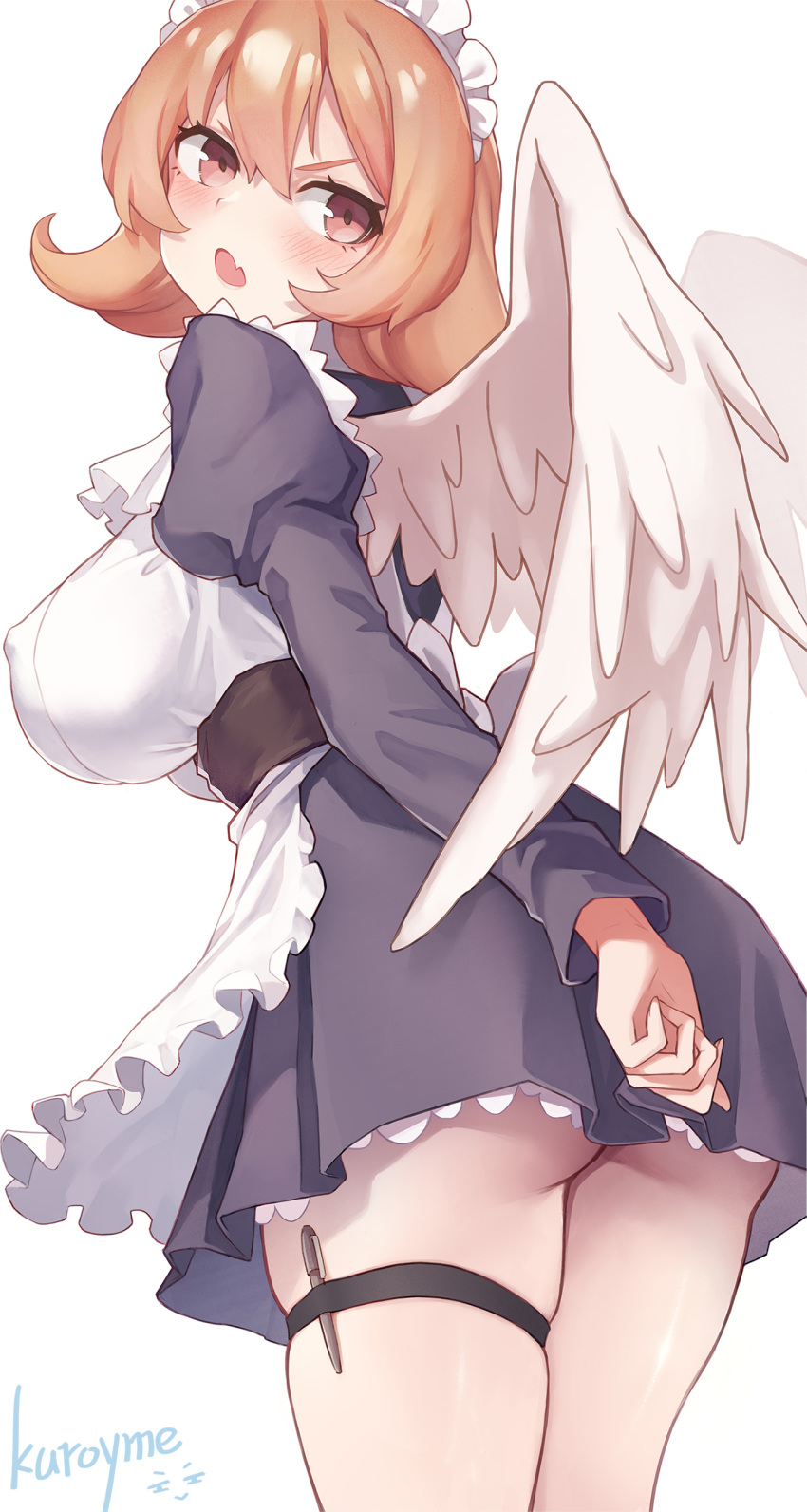 1girl absurdres apron artist_name ass bangs black_dress blush bow breasts covered_nipples covering covering_ass dress fang feathered_wings flipped_hair frilled_apron frills from_behind harpy highres ishuzoku_reviewers kuroyume_(96061617) large_breasts long_sleeves looking_back maid_dress maid_headdress meidri monster_girl open_mouth orange_hair pen puffy_long_sleeves puffy_sleeves red_eyes sash short_dress short_hair simple_background solo thigh_strap waitress white_apron white_background white_bow white_wings wings