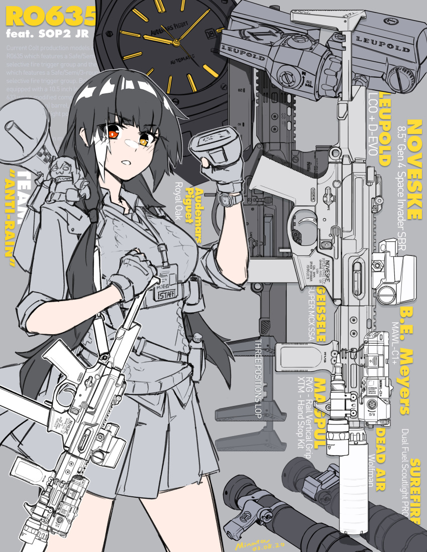1girl absurdres arm_up black_hair character_doll character_name chibi collared_shirt english_text fingerless_gloves girls_frontline gloves grey_background gun hand_on_weapon heterochromia highres holding_binoculars id_card jewelry lanyard megaphone minata_(axl19941120) multicolored_hair necklace open_mouth over_shoulder pleated_skirt red_eyes ro635 ro635_(girls_frontline) scope shirt short_sleeves skirt solo spot_color submachine_gun sweater_vest twintails two-tone_hair untucked_shirt watch weapon weapon_over_shoulder white_hair wristwatch yellow_eyes