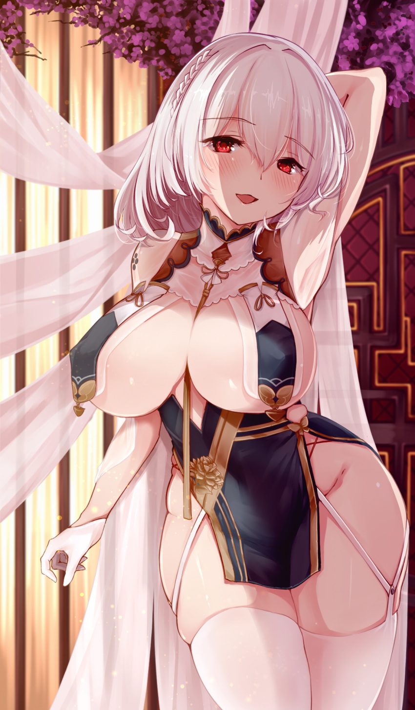 1girl azur_lane bangs blush braid breast_curtains breasts china_dress chinese_clothes dress flower garter_straps gloves hair_between_eyes hair_ornament highres large_breasts looking_at_viewer pantyhose red_eyes revealing_clothes rhineheim short_hair sirius_(azur_lane) sirius_(azure_horizons)_(azur_lane) solo tentacles thighhighs white_gloves white_hair white_legwear
