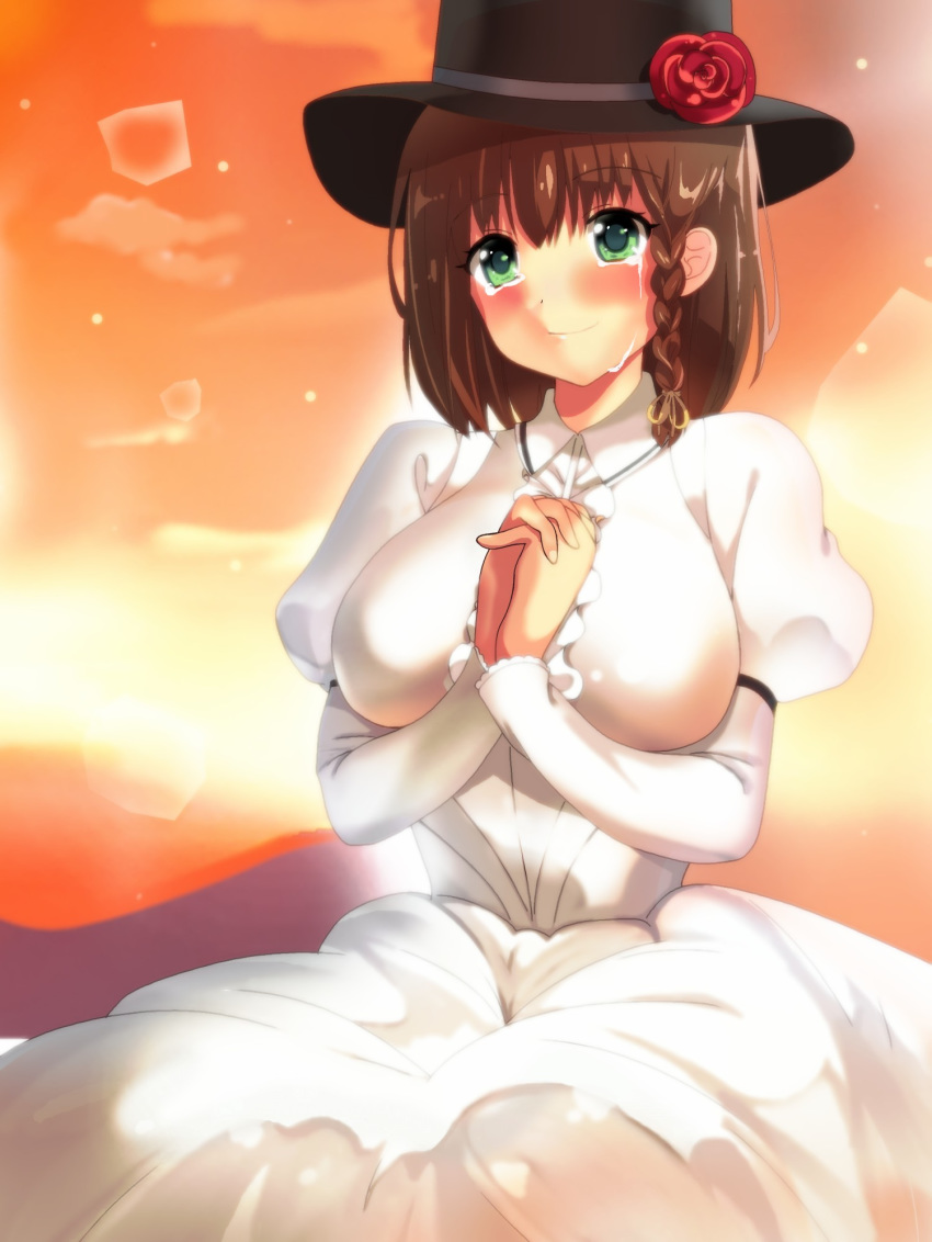 1girl black_headwear blush braid breasts brown_hair charlotte_corday_(fate/grand_order) dress fate/grand_order fate_(series) flower frills green_eyes hands_together hat hat_flower highres juliet_sleeves large_breasts long_dress long_sleeves momoiro_tanuki puffy_sleeves rose short_hair side_braid smile solo sunset tears white_dress