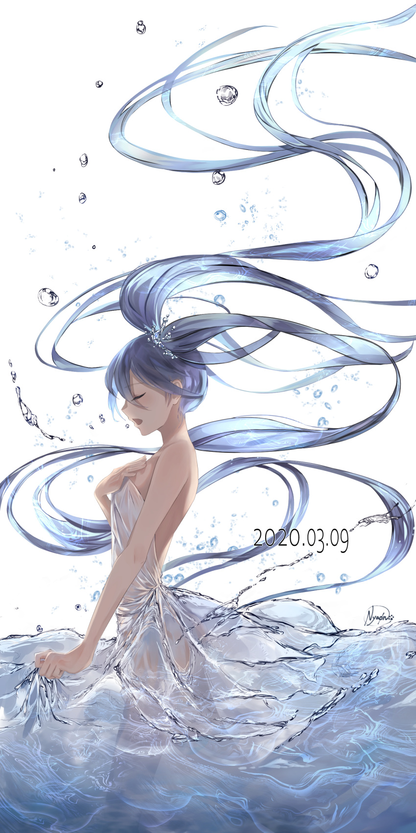 1girl 39 absurdly_long_hair absurdres blue_hair closed_eyes dated dress floating_hair from_side hand_on_own_chest hatsune_miku highres liquid_clothes long_hair nyaon_oekaki open_mouth see-through solo standing strapless strapless_dress twintails very_long_hair vocaloid water water_dress water_drop