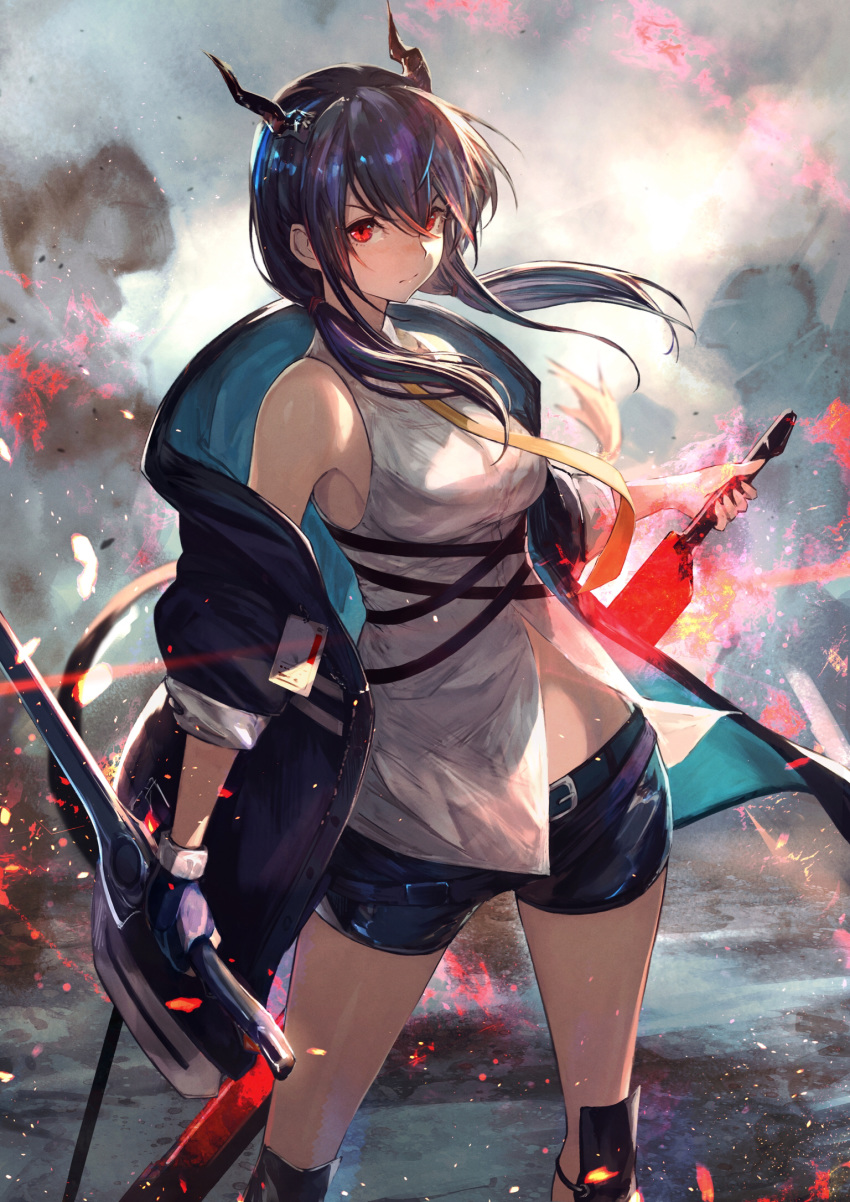 1girl arknights bare_shoulders belly_peek belt_buckle black_jacket black_shorts blue_hair breasts buckle ch'en_(arknights) dragon_horns dragon_tail dual_wielding fingerless_gloves gloves highres holding horns jacket large_breasts long_hair looking_at_viewer low_twintails necktie off_shoulder open_clothes open_jacket red_eyes shirataki_jiro shirt short_shorts shorts single_glove sleeveless sleeveless_shirt solo standing sword tail thighs twintails v-shaped_eyebrows weapon white_shirt