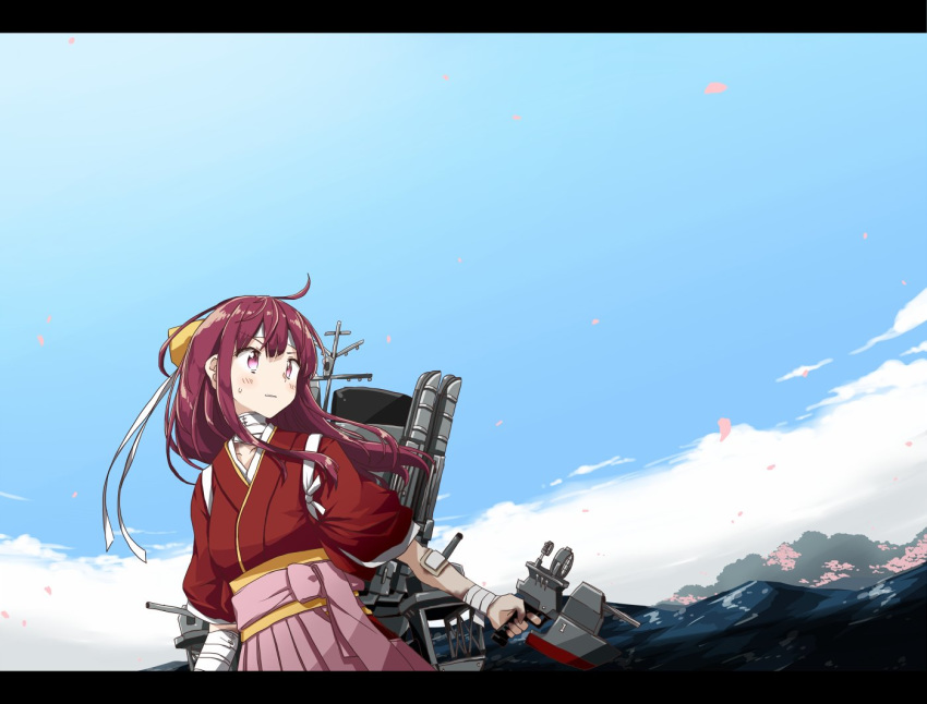 1girl adapted_turret any_(lucky_denver_mint) bandages blue_sky bow cannon cloud commentary_request day hair_bow hakama hakama_skirt japanese_clothes kamikaze_(kancolle) kantai_collection kimono letterboxed long_hair looking_to_the_side machinery meiji_schoolgirl_uniform ocean outdoors pink_hakama purple_eyes purple_hair red_kimono skirt sky solo tasuki turret water yellow_bow