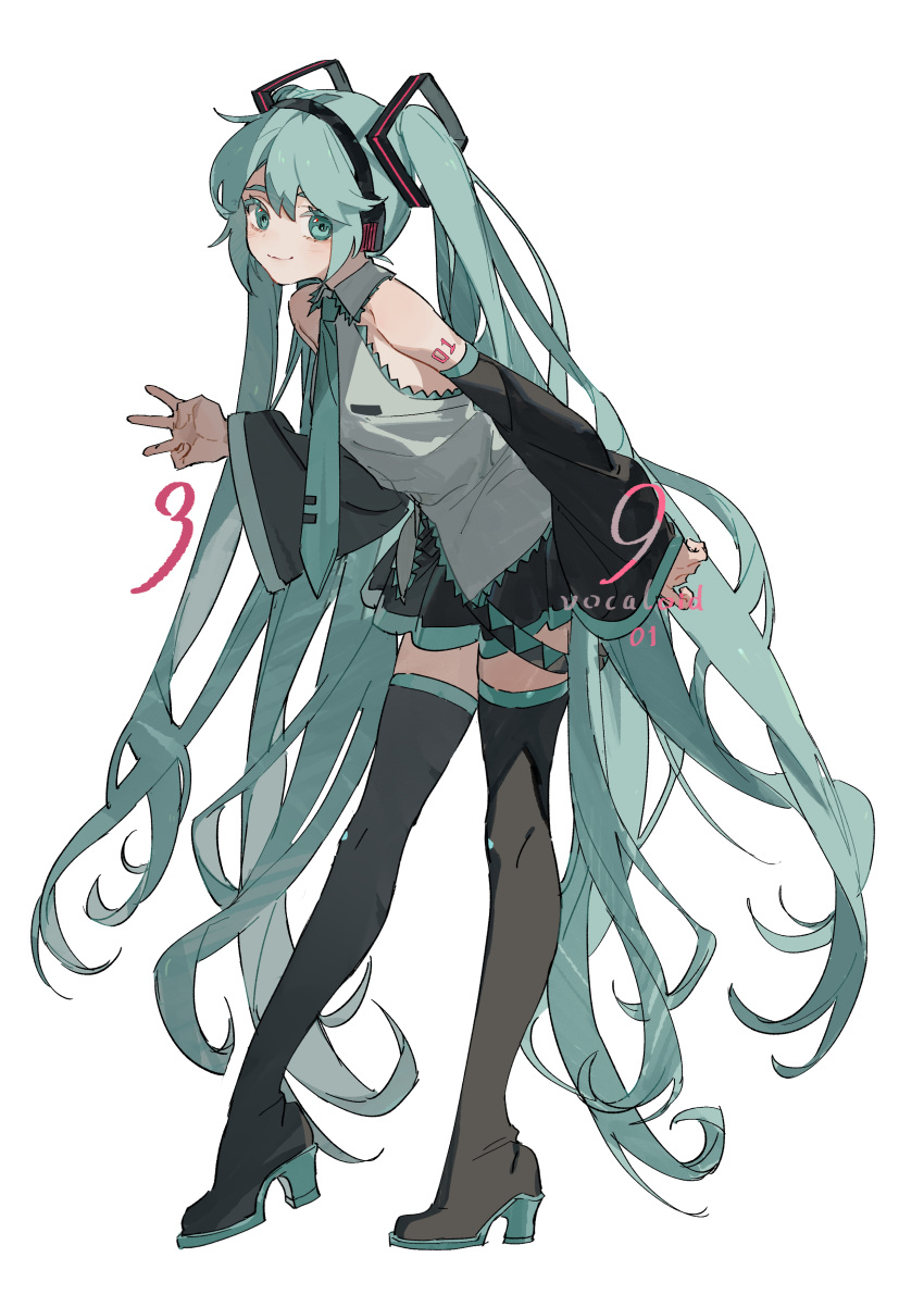 1girl absurdres bangs bare_shoulders black_footwear black_legwear black_skirt black_sleeves blush boots closed_mouth collared_shirt detached_sleeves eyebrows_behind_hair green_eyes green_hair green_neckwear grey_shirt hair_between_eyes hair_ornament hatsune_miku headphones high_heel_boots high_heels highres leaning_forward long_sleeves necktie pleated_skirt shirt simple_background skirt sleeveless sleeveless_shirt smile solo standing thigh_boots thighhighs tie_clip twintails vocaloid w white_background wide_sleeves zhibuji_loom