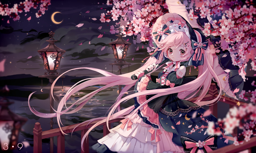 cherry_blossoms flowers goth-loli hatsune_miku lolita_fashion moon nishina_hima sakura_miku sky twintails umbrella vocaloid water