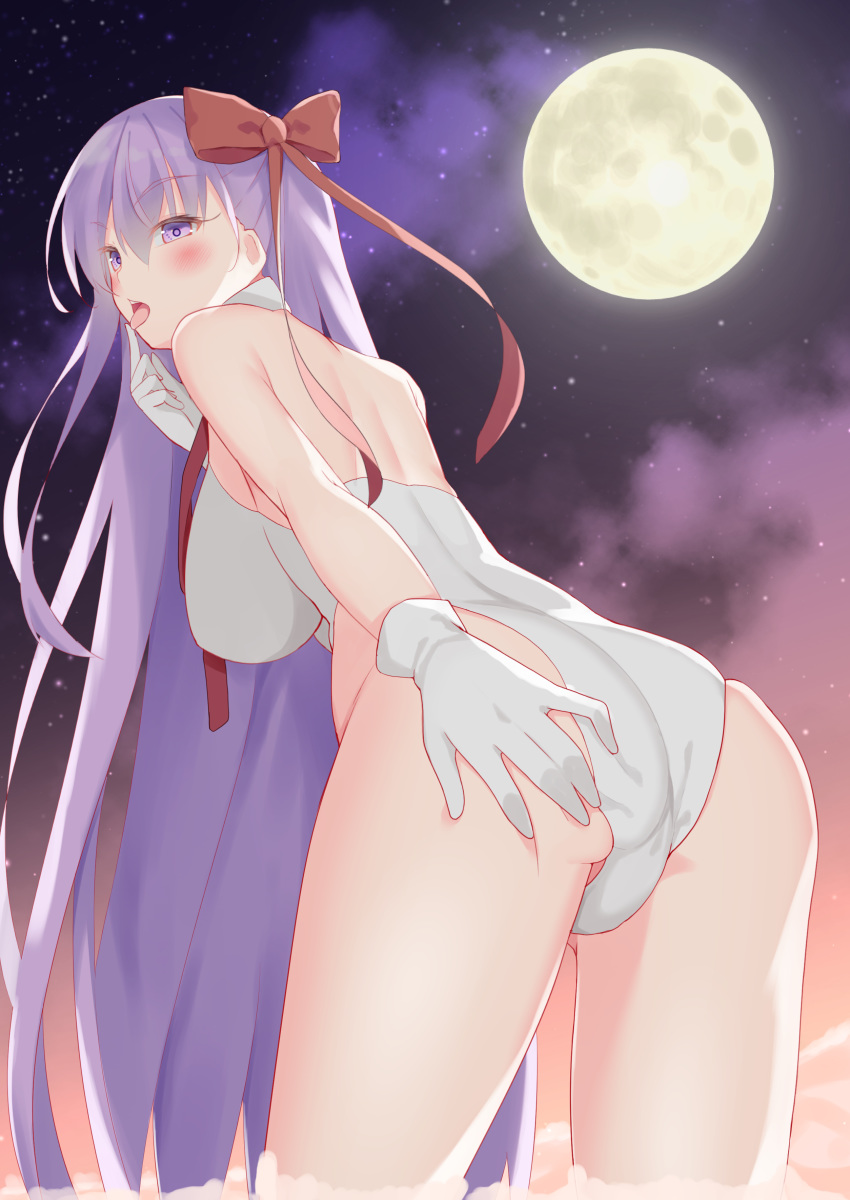 1girl absurdres ass back bangs bare_shoulders bb_(fate)_(all) bb_(swimsuit_mooncancer)_(fate) bent_over blush breasts fate/grand_order fate_(series) finger_to_mouth full_moon gloves hair_ribbon hand_on_ass highleg highleg_leotard highres index_finger_raised large_breasts leotard long_hair looking_at_viewer looking_back moon neck_ribbon night night_sky open_mouth purple_eyes purple_hair red_ribbon ribbon sky solo thighs tongue tongue_out very_long_hair white_gloves white_leotard yashima_roi