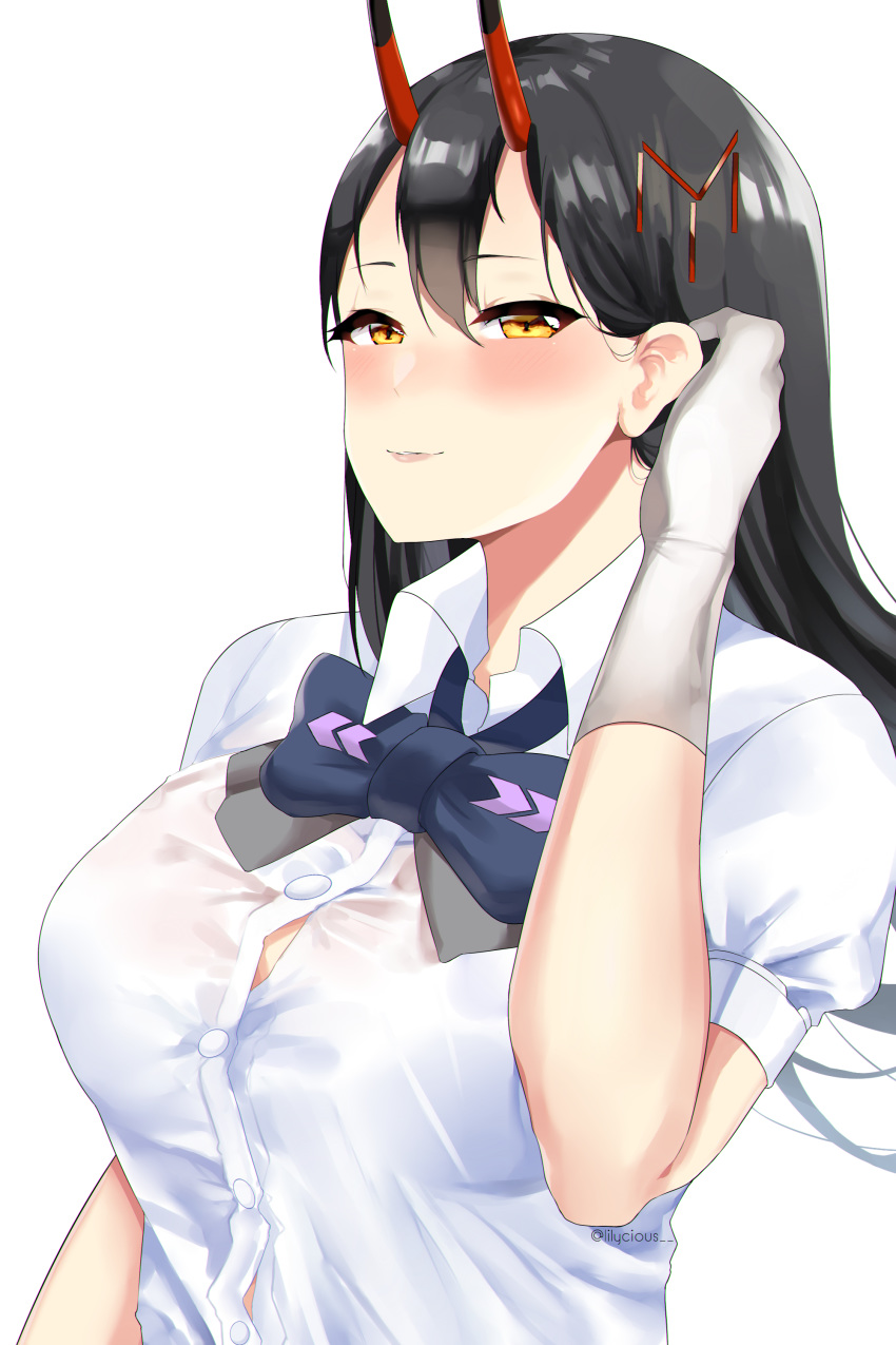 1girl absurdres azur_lane black_hair blush breasts eyebrows_visible_through_hair gloves hair_between_eyes hand_on_ear highres horns large_breasts lilycious looking_at_viewer oni_horns portrait purple_neckwear red_horns shirt short_sleeves simple_background single_glove solo suzuya_(azur_lane) white_gloves white_shirt yellow_eyes