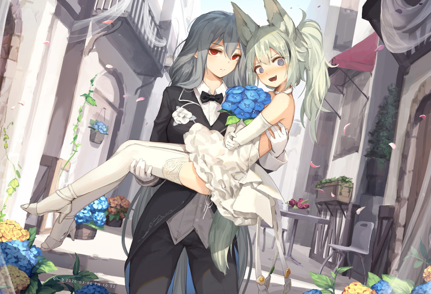 2girls @_@ animal_ears arknights balcony bangs blue_eyes blue_flower blush bouquet bow bowtie carrying chair choker closed_mouth commentary dress fangs flower gloves grani_(arknights) green_hair grey_hair hair_between_eyes high_heels highres holding holding_bouquet jakoujika long_hair looking_at_viewer multiple_girls ponytail princess_carry red_eyes skadi_(arknights) table tail thighhighs tuxedo wedding_dress white_dress white_gloves white_legwear wife_and_wife yellow_flower yuri