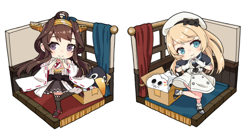 ahoge alakoala bangs blonde_hair blue_eyes blue_sailor_collar boots box brown_hair cardboard_box chibi curtains dated detached_sleeves double_bun dress eyebrows_visible_through_hair failure_penguin gloves hairband hat headgear heart heart_hands highres isometric japanese_clothes jervis_(kantai_collection) kantai_collection kongou_(kantai_collection) long_hair looking_at_viewer miss_cloud ribbon-trimmed_sleeves ribbon_trim sailor_collar sailor_dress short_sleeves signature simple_background smile standing standing_on_one_leg thigh_boots thighhighs white_background white_dress white_gloves white_headwear window