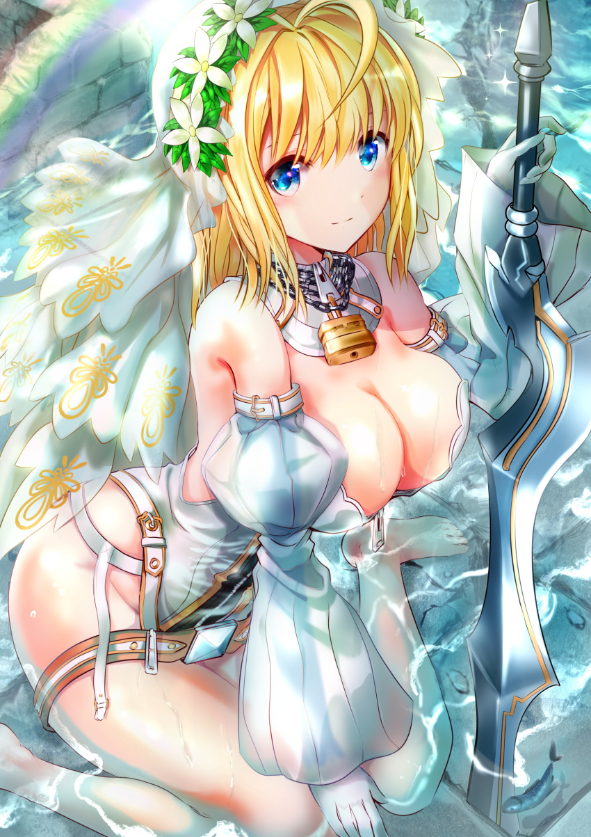 cleavage fate/extra fate/extra_ccc fate/grand_order fate/stay_night leotard no_bra ogata_tei saber_bride saber_extra see_through sword wet wet_clothes