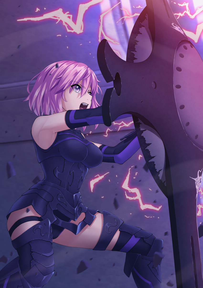 1girl absurdres armored_leotard bangs black_footwear black_legwear black_leotard boots breasts breasts_apart detached_sleeves eyebrows_visible_through_hair fate/grand_order fate_(series) from_side grey_eyes hair_between_eyes highres holding_shield leotard long_sleeves mash_kyrielight medium_breasts open_mouth pink_hair satyarizqy shield shiny shiny_hair short_hair solo thigh_boots thigh_strap thighhighs