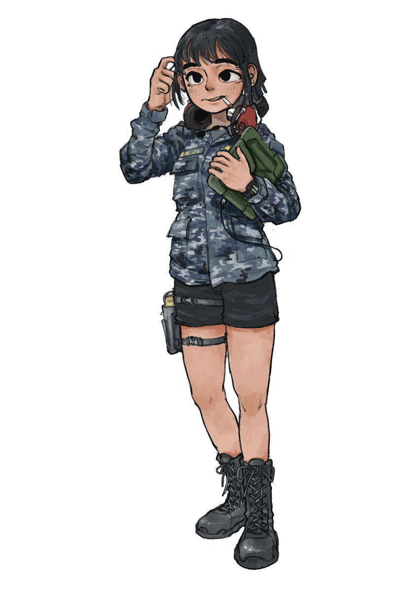 1girl absurdres black_hair boots camouflage cigarette commentary english_commentary full_body gun handgun headphones headphones_around_neck headset highres holster holstered_weapon military original pistol short_shorts shorts smoking solo tablet_pc watch weapon whdgus2078 white_background wristwatch