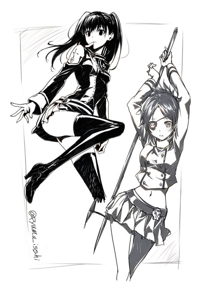 2girls arms_up bangs belt boots breasts chrome_dokuro crop_top d.gray-man eyepatch floating_hair greyscale hair_between_eyes high_heel_boots high_heels highres holding_polearm katekyo_hitman_reborn! lenalee_lee long_hair long_sleeves midriff military military_jacket military_uniform miniskirt monochrome multiple_girls navel parted_bangs parted_lips pleated_skirt puma_(hyuma1219) skirt small_breasts standing standing_on_one_leg stomach thigh_boots thigh_gap thighhighs twintails twitter_username uniform white_background zettai_ryouiki