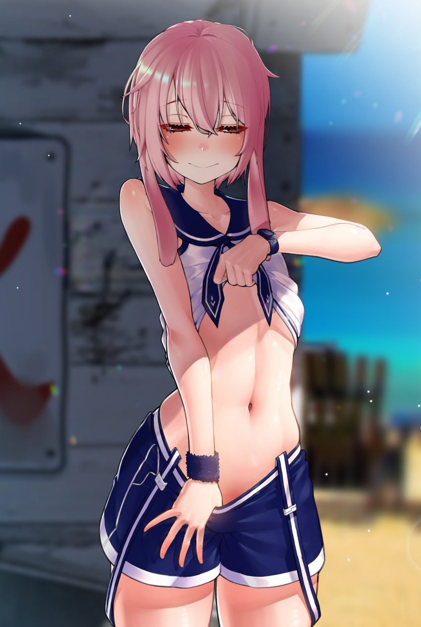 1boy absurdres animal_ears ansel_(arknights) arknights bare_shoulders beach blurry blurry_background blush bunny_ears collarbone eyebrows_visible_through_hair highres navel otoko_no_ko pants_pull pink_hair red_eyes sailor_collar sailor_shirt scarlettear33 shirt shirt_lift shorts shota sleeveless swimsuit wristband