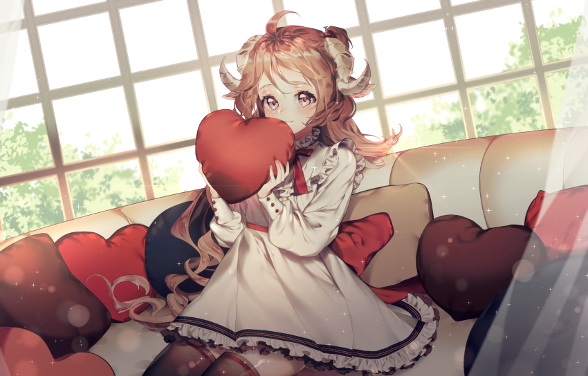 1girl ahoge animal_ears arknights bangs blush bow brown_hair brown_legwear closed_mouth curled_horns curtains dress eyjafjalla_(arknights) frilled_dress frills hands_up heart heart_pillow highres holding holding_pillow horns long_hair long_sleeves looking_at_viewer pillow puffy_long_sleeves puffy_sleeves red_bow red_eyes rimsuk sheep_ears sheep_horns sitting smile solo thighhighs transparent very_long_hair white_dress window