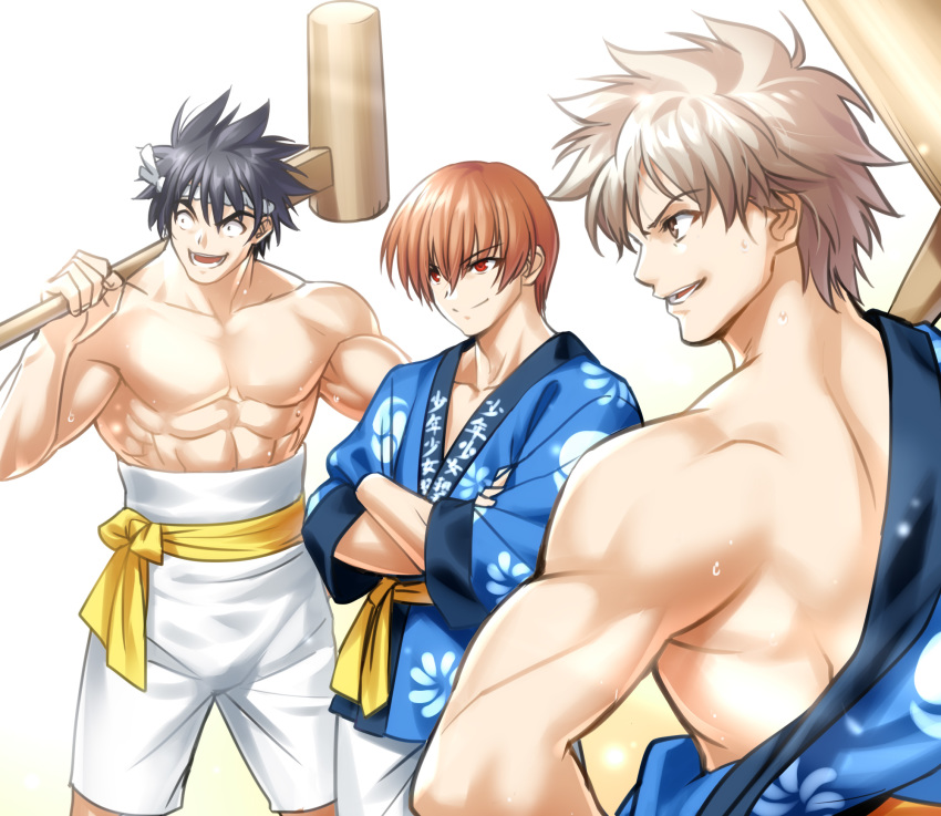 3boys abs black_hair blue_kimono brown_eyes brown_hair commentary_request cowboy_shot crossed_arms grin happi headband highres inohara_masato japanese_clothes kimono little_busters! male_focus mallet miyazawa_kengo multiple_boys muscle natsume_kyousuke red_eyes sash shorts silver_hair simple_background smile spiked_hair white_background white_headband white_shorts zen