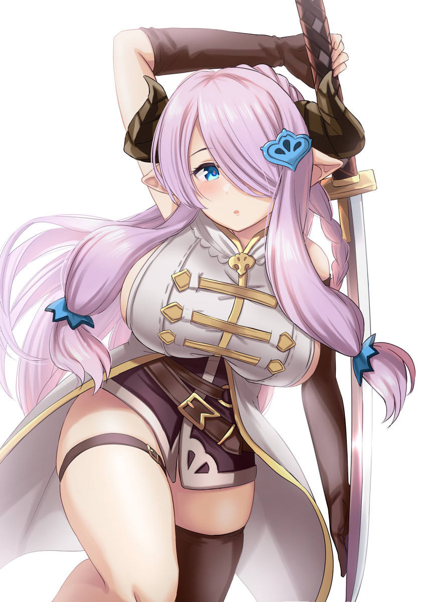 1girl absurdres bare_shoulders black_gloves blue_eyes blush braid breasts cleavage gloves granblue_fantasy hair_ornament hair_over_one_eye highres horns huge_filesize kibihimi large_breasts lavender_hair long_hair looking_at_viewer md5_mismatch narmaya_(granblue_fantasy) pointy_ears purple_hair resized smile solo swimsuit thighhighs thighs upscaled very_long_hair