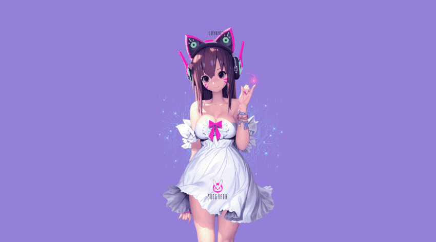 aliasing animal_ears animated bow breasts brown_eyes brown_hair cleavage d.va dress headphones long_hair mandrill overwatch photoshop tattoo watermark