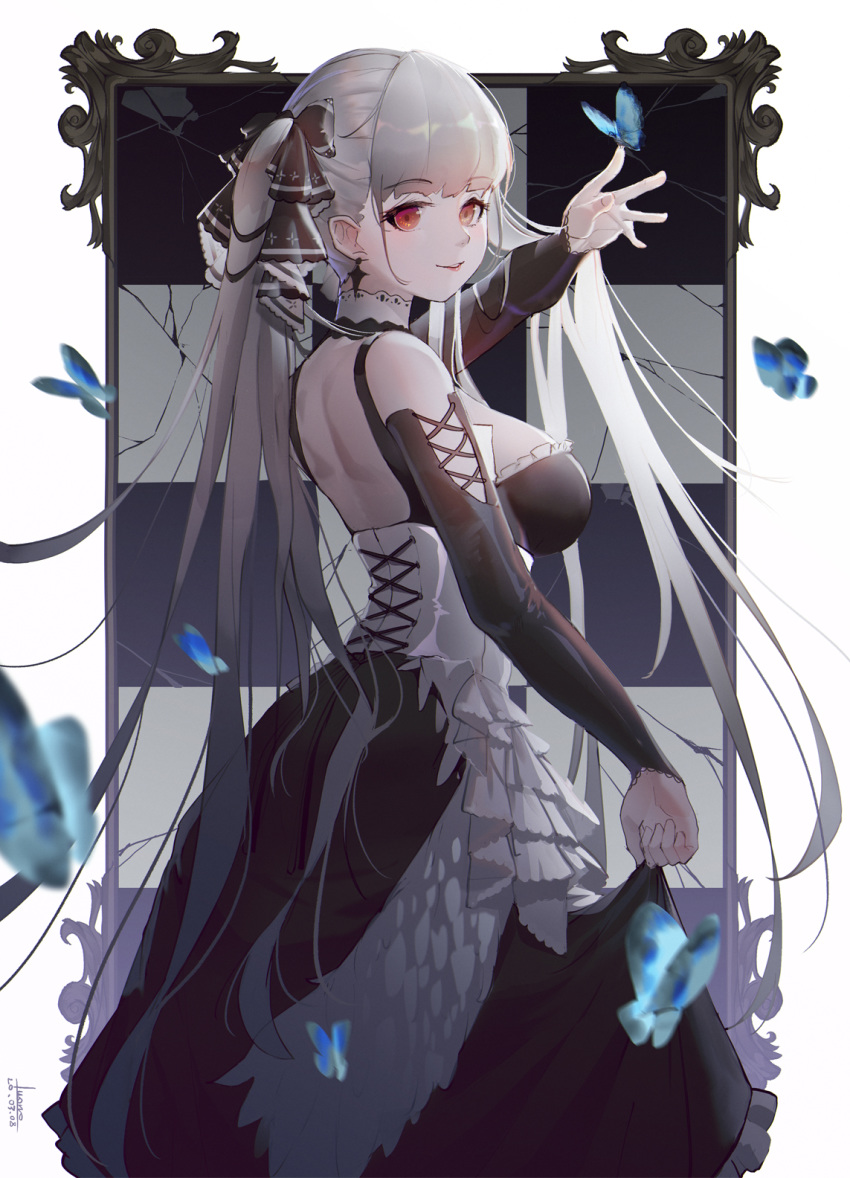 1girl azur_lane bangs bare_shoulders black_dress breasts bug butterfly commentary_request dress earrings eyebrows_visible_through_hair formidable_(azur_lane) frilled_dress frills from_side grey_hair hair_ribbon highres insect jewelry large_breasts long_hair long_sleeves looking_at_viewer luomo red_eyes ribbon solo twintails two-tone_dress two-tone_ribbon very_long_hair