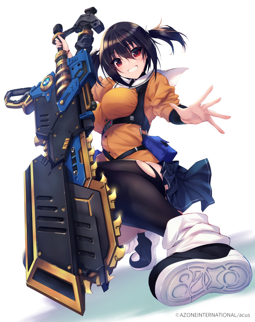 :d assault_lily black_hair breasts commentary commentary_request fukai_ryousuke grin highres holding holding_sword holding_weapon huge_weapon low_twintails medium_breasts miniskirt open_mouth pleated_skirt red_eyes school_uniform skindentation skirt smile sword thighhighs twintails weapon