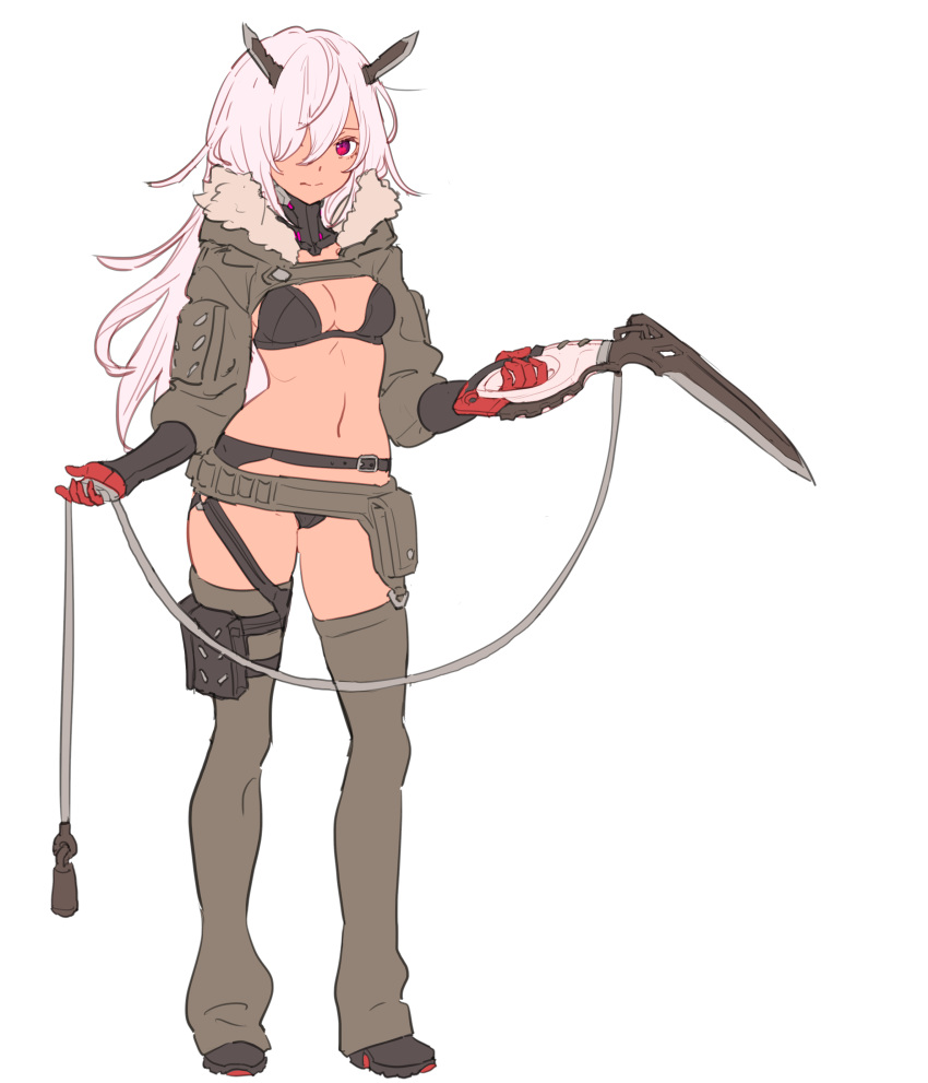 1girl absurdres bangs belt black_bra black_footwear black_panties boots bra breasts contrapposto full_body gloves grey_legwear hair_between_eyes hair_over_one_eye highres holding holding_weapon horns leg_strap long_hair looking_at_viewer medium_breasts nagisa_kurousagi navel one_eye_covered original panties pink_hair pouch red_eyes red_gloves simple_background solo standing thighhighs underwear weapon white_background