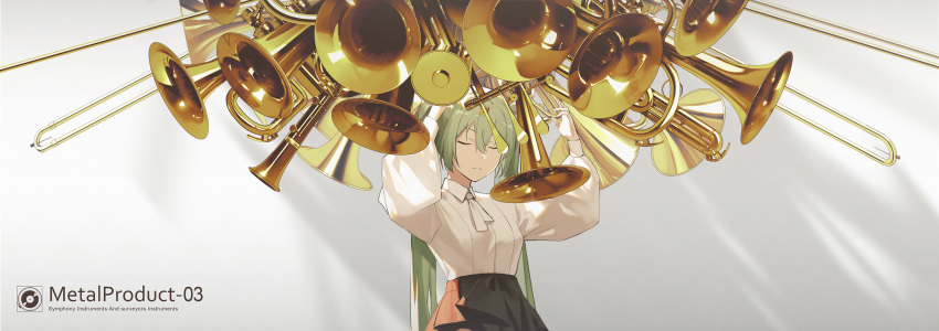 1girl arms_up black_skirt closed_eyes commentary expressionless green_hair hatsune_miku highres holding instrument kieed long_hair puffy_sleeves shadow shirt sidelighting skirt standing trombone twintails upper_body very_long_hair vocaloid white_shirt