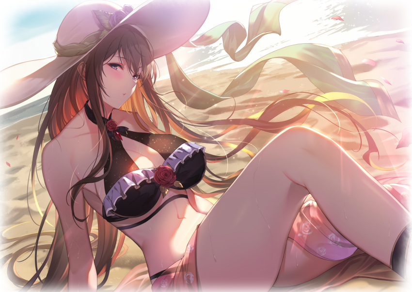 1girl backlighting bangs bare_shoulders beach bikini black_bikini blush breasts brown_hair cleavage criss-cross_halter flower granblue_fantasy hair_between_eyes halter_top halterneck highres kakage knee_up large_breasts looking_at_viewer navel ocean open_mouth purple_flower purple_rose rose rosetta_(granblue_fantasy) sand sarong sitting solo sunlight swimsuit thighs