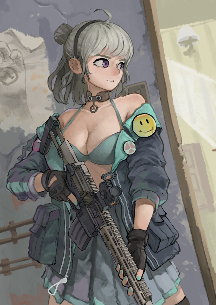 1girl absurdres ahoge bra breasts commentary english_commentary fingerless_gloves girls_frontline gloves gun half-life half-life_2 highres holding holding_gun holding_weapon honey_badger_(girls_frontline) honey_badger_(gun) huge_filesize large_breasts medium_hair nail_polish open_clothes open_shirt purple_eyes silver_hair solo underwear weapon whdgus2078