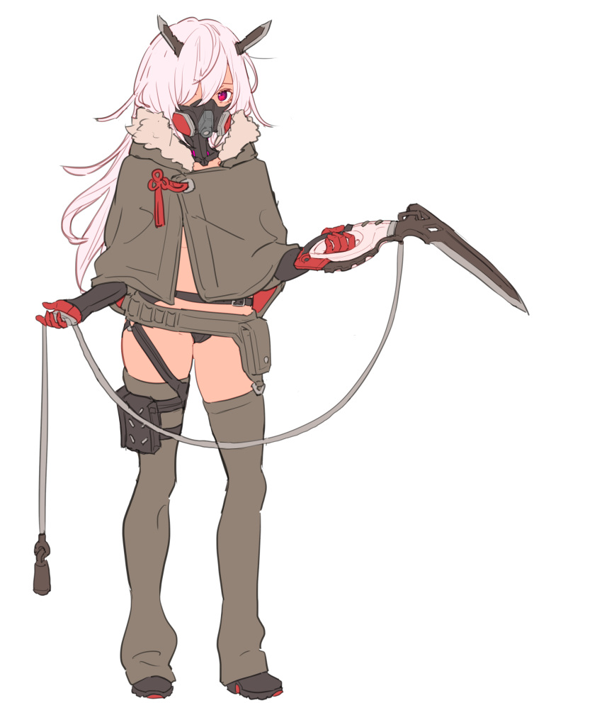 1girl absurdres bangs belt black_footwear black_panties boots brown_capelet contrapposto covered_mouth full_body gas_mask gloves grey_legwear hair_between_eyes hair_over_one_eye highres holding holding_weapon horns leg_strap long_hair looking_at_viewer nagisa_kurousagi one_eye_covered original panties pink_hair pouch red_eyes red_gloves simple_background solo standing tassel thighhighs underwear weapon white_background