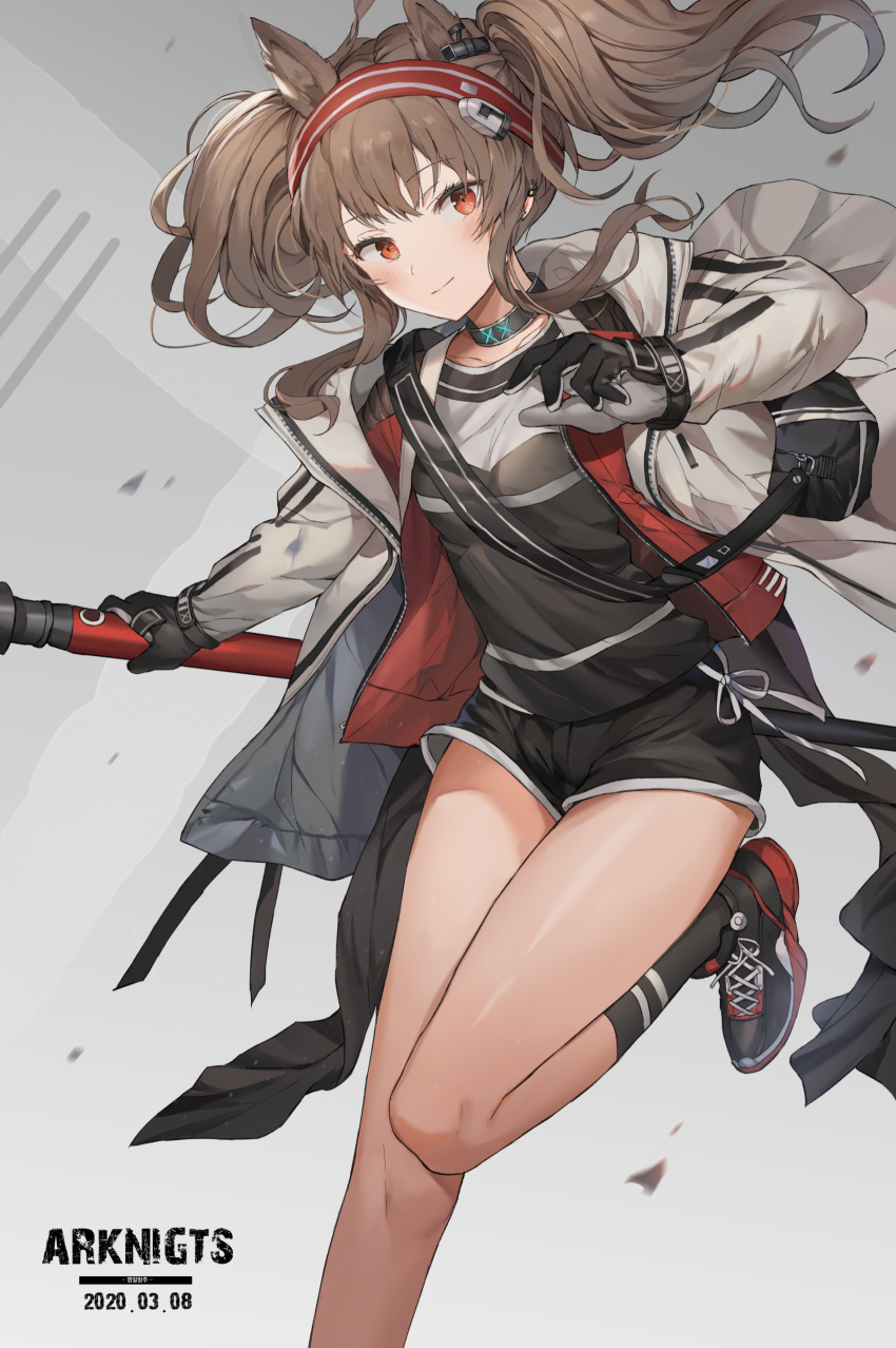 1girl absurdres angelina_(arknights) animal_ears arknights bag black_legwear black_shirt black_shorts brown_hair choker floating_hair gloves gompang grey_background grey_jacket hairband highres holding jacket leg_up long_hair long_sleeves looking_at_viewer open_clothes open_jacket red_eyes shirt shoes short_shorts shorts shoulder_bag sneakers socks solo thighs twintails