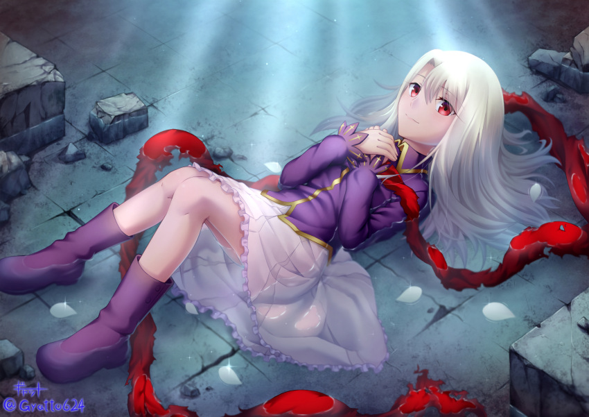 1girl bangs boots closed_mouth eyebrows_visible_through_hair fate/stay_night fate_(series) frilled_skirt frills gyatto624 hair_between_eyes highres illyasviel_von_einzbern long_hair long_sleeves lying medium_skirt on_back pleated_skirt purple_footwear purple_shirt red_eyes shirt silver_hair skirt smile solo twitter_username water white_skirt