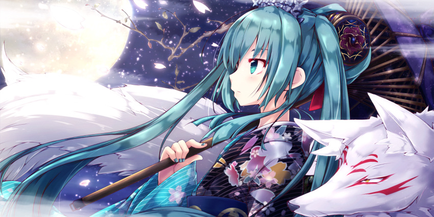 akino_coto animal fox hatsune_miku japanese_clothes kimono moon umbrella vocaloid