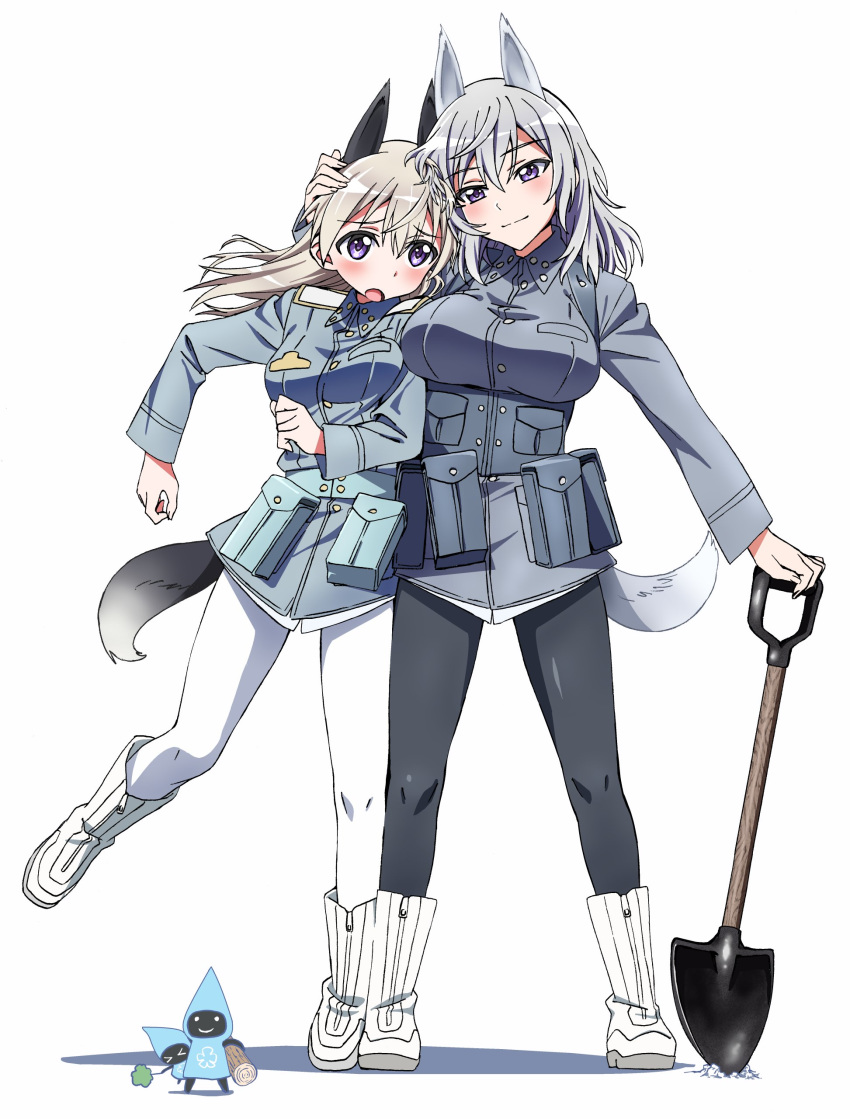 2girls absurdres animal_ears aurora_e_juutilainen black_legwear boots breasts commentary_request eila_ilmatar_juutilainen fox_ears fox_tail grey_hair hand_on_another's_head highres hug knee_boots kogarashi51 large_breasts leaf light_brown_hair log long_hair long_sleeves military military_uniform multiple_girls pantyhose purple_eyes shovel siblings sisters strike_witches tail uniform white_background white_legwear world_witches_series