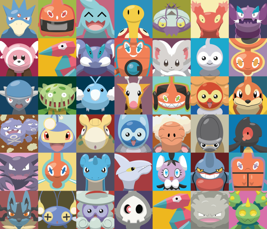 bird black_eyes blue_eyes carnivine castform castform_(normal) castform_(rainy) castform_(snowy) castform_(sunny) cinccino commentary cranidos creature drapion english_commentary face floatzel frown gen_1_pokemon gen_2_pokemon gen_3_pokemon gen_4_pokemon gen_5_pokemon gen_6_pokemon gen_7_pokemon girafarig golduck gothita haunter horn lanturn lapras looking_at_viewer no_humans numel pokemon pokemon_(creature) porygon rotom rotom_(frost) rotom_(heat) rotom_(mow) rotom_(normal) rotom_(wash) shawn_flowers shieldon shuckle skarmory skorupi slugma smile stufful swablu torkoal toxicroak weezing wimpod wynaut yamask