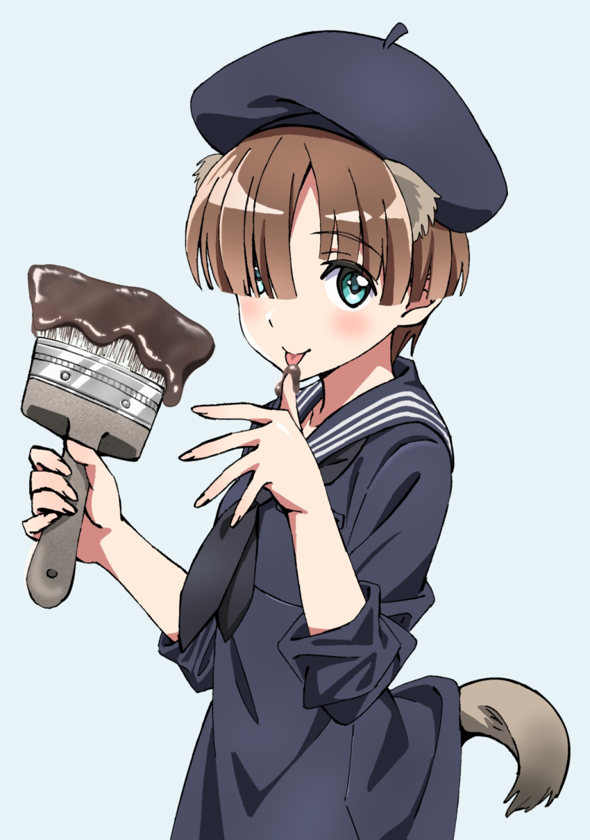 1girl animal_ears aqua_eyes asymmetrical_bangs bangs beret black_neckwear blue_background chocolate commentary_request dress finger_licking hair_over_one_eye hat highres idol_witches joanna_elizabeth_stafford kogarashi51 licking neckerchief paintbrush sailor_collar sailor_dress short_hair solo tail tongue tongue_out world_witches_series