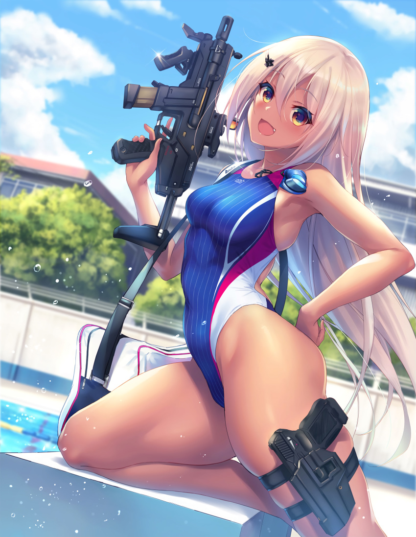 1girl :d absurdres arched_back arms_note blue_sky blurry blurry_background breasts building cloud competition_swimsuit dark_skin day depth_of_field dutch_angle fang from_side fukai_ryousuke glint goggles gun hair_between_eyes hair_ornament hairclip handgun highres holster holstered_weapon kouhai_(fukai_ryousuke) leg_holster long_hair medium_breasts non-web_source object_in_swimsuit one-piece_swimsuit open_mouth pistol platinum_blonde_hair poolside skindentation sky smile solo submachine_gun swimsuit tan thighs trigger_discipline very_long_hair wall weapon yellow_eyes