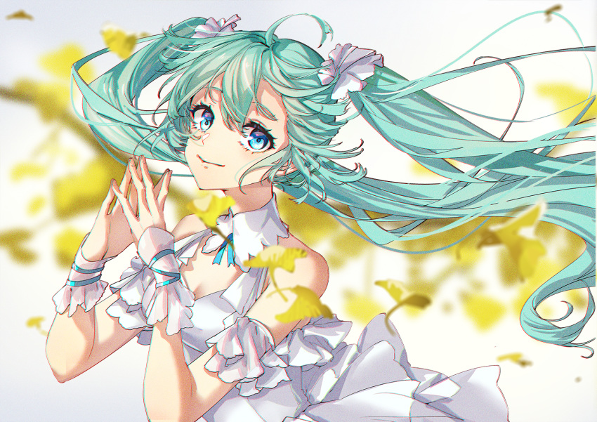 aqua_hair blue_eyes dress haitang hatsune_miku leaves long_hair twintails vocaloid wristwear