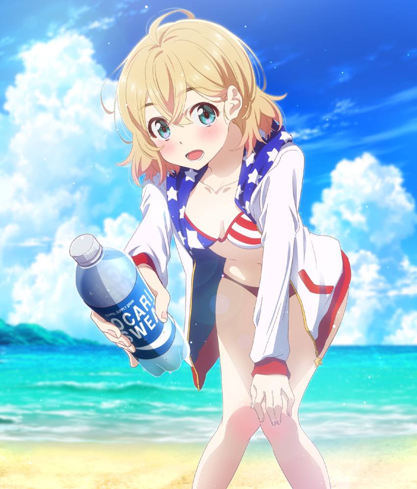 1girl ahoge american_flag_bikini artist_request beach bikini blonde_hair blue_eyes blurry blurry_background blush bottle breasts cloud collarbone day depth_of_field flag_print hand_on_own_knee highres hood hooded_jacket hoodie jacket kanojo_okarishimasu knees_together_feet_apart leaning_forward looking_at_viewer nanami_mami navel ocean offering official_art open_clothes open_jacket open_mouth outdoors small_breasts solo standing swimsuit water_bottle