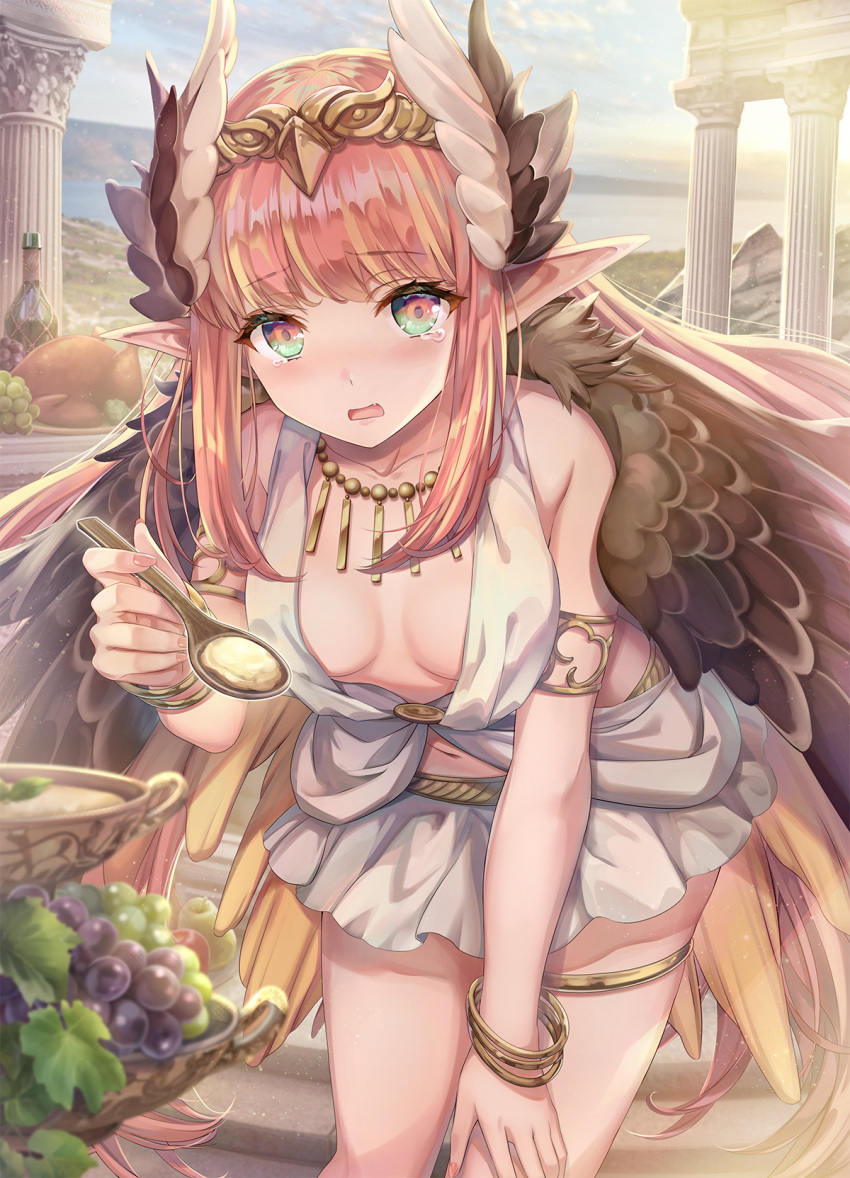 1girl armlet bangle blurry_foreground blush bracelet breasts brown_hair circe_(fate/grand_order) cleavage column commentary commentary_request eyebrows_visible_through_hair fate/grand_order fate_(series) feathered_wings food fruit grapes head_wings headband highres jewelry long_hair medium_breasts miniskirt multicolored multicolored_eyes nail_polish navel necklace pillar pointy_ears skirt spoon tearing_up thigh_strap torino_akua wings